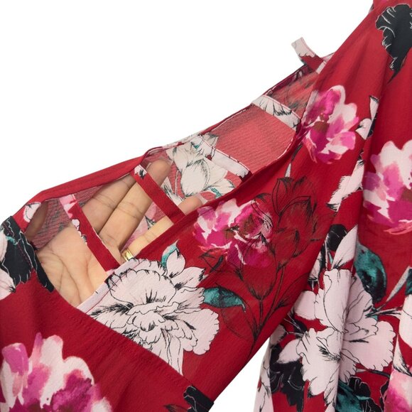 Jennifer Lopez Women SZ XL Red Floral Cold Shoulder Top Blouse V neck - Picture 10 of 14